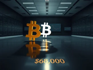 Bitcoin symbol casting a shadow on a trading floor, representing critical price analysis and market uncertainty.