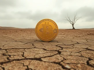 Bitcoin coin symbol isolated in a barren desert landscape, representing stalled momentum and persistent bear market conditions.