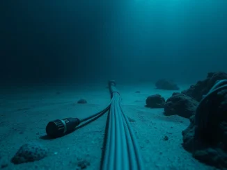 Submarine fiber optic cable on ocean floor, illustrating Bitcoin network infrastructure resilience.
