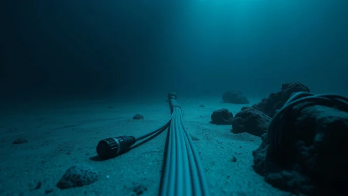 Submarine fiber optic cable on ocean floor, illustrating Bitcoin network infrastructure resilience.