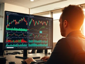 Financial analyst monitors Bitcoin and cryptocurrency price charts on a trading workstation.