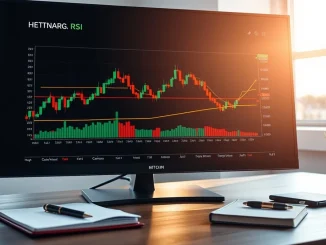 Bitcoin price chart with RSI indicator showing potential higher low formation on trading desk monitor