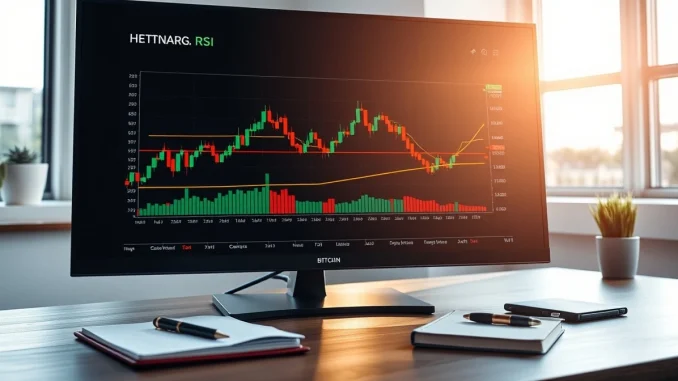 Bitcoin price chart with RSI indicator showing potential higher low formation on trading desk monitor