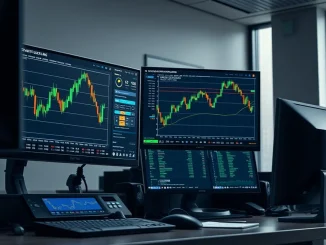 Bitcoin price chart analysis with MicroStrategy STRC funding data on trading desk monitors