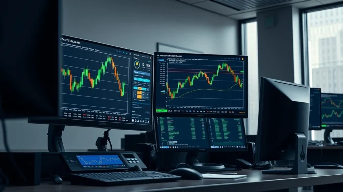 Bitcoin price chart analysis with MicroStrategy STRC funding data on trading desk monitors