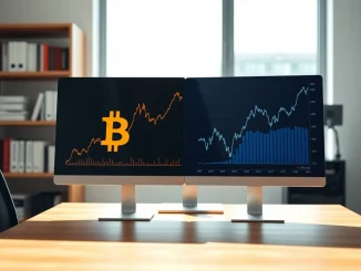 Bitcoin and tech stock charts showing overlapping but distinct price movements in financial analysis context