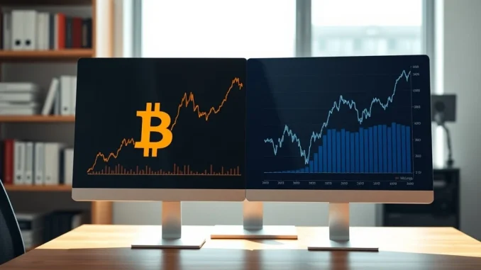 Bitcoin and tech stock charts showing overlapping but distinct price movements in financial analysis context
