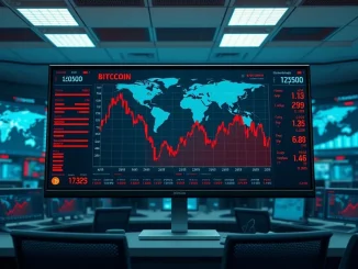 Bitcoin and stock market decline during geopolitical conflict showing financial dashboard with falling charts.