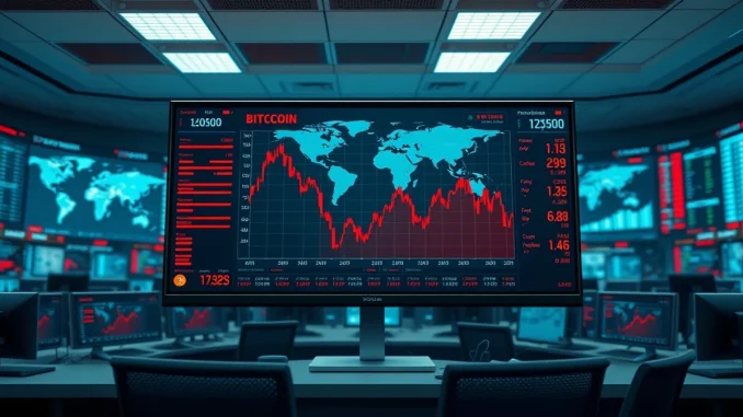 Bitcoin and stock market decline during geopolitical conflict showing financial dashboard with falling charts.