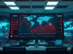 Bitcoin and stock market decline during geopolitical conflict showing financial dashboard with falling charts.