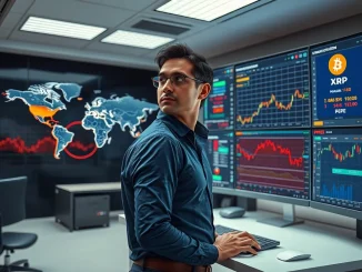 Financial analyst monitors Bitcoin and XRP prices alongside global tension map as new crypto Pepeto surges.
