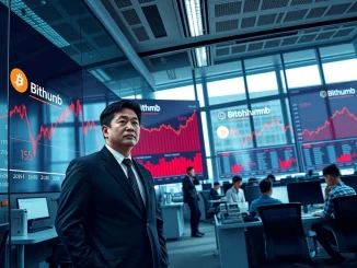Regulator at Bithumb crypto exchange in Seoul reviewing compliance issues on trading floor display.
