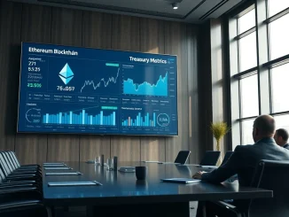 Corporate boardroom with digital screen showing Bitmine's growing Ethereum treasury holdings and staking revenue data.