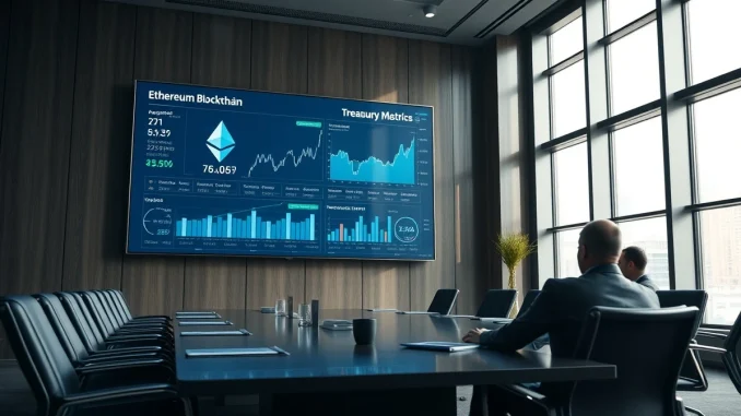 Corporate boardroom with digital screen showing Bitmine's growing Ethereum treasury holdings and staking revenue data.