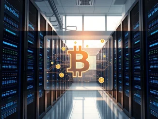 BlackRock institutional Bitcoin investment visualized through blockchain data and server infrastructure