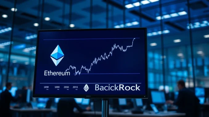 A trading floor screen showing data related to BlackRock's new Ethereum ETF.
