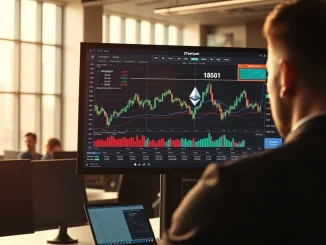 Trading monitor displaying BlackRock's new staked Ethereum ETF price and volume data.