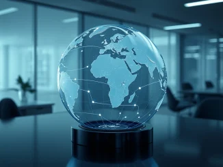 Blockchain prediction markets visualized through data streams on a digital globe representing real-time global forecasting