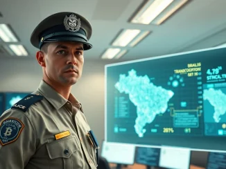 Brazilian police officer analyzing cryptocurrency data for public security operations under new seizure law.
