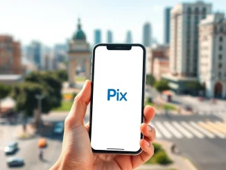 Smartphone displaying Brazil's Pix instant payment system interface in an urban setting connecting São Paulo and Buenos Aires.