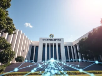Brazil Receita Federal building with blockchain data visualization representing XRP transaction reporting
