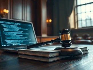 Legal gavel on books next to laptop with AI code representing the Britannica OpenAI lawsuit.