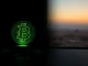 Bitcoin symbol glowing green amid geopolitical tension backdrop representing BTC price resilience.