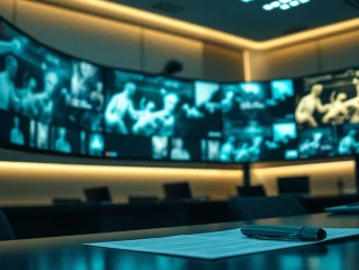ByteDance office monitors showing AI-generated video clips amid legal documents.
