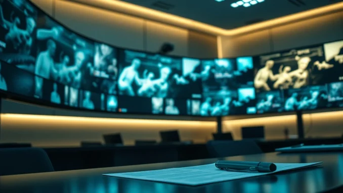 ByteDance office monitors showing AI-generated video clips amid legal documents.