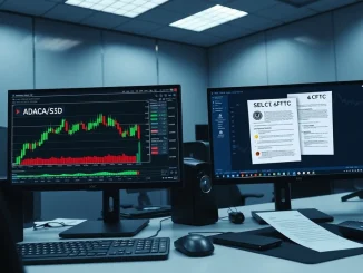 A trading desk monitor shows the Cardano ADA price chart alongside SEC and CFTC regulatory documents.