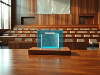 Courtroom scene with AI chatbot interface on judge's bench symbolizing ChatGPT legal advice risks in court proceedings