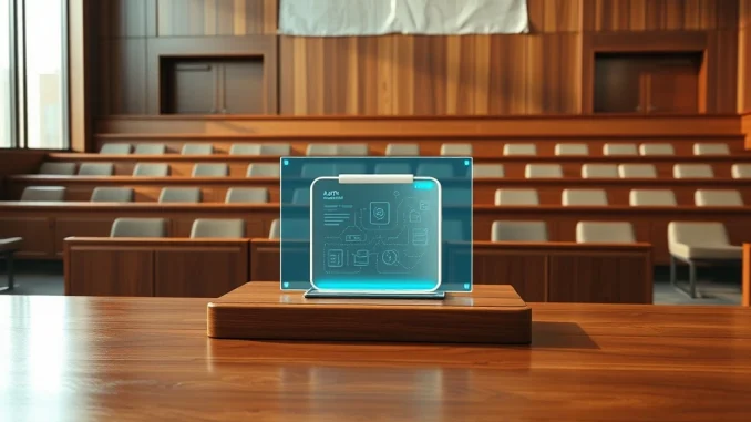 Courtroom scene with AI chatbot interface on judge's bench symbolizing ChatGPT legal advice risks in court proceedings
