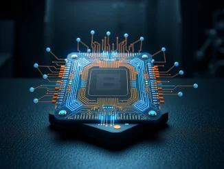 China's new 50x blockchain acceleration semiconductor chip with glowing circuits, representing a major tech breakthrough.