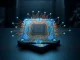 China's new 50x blockchain acceleration semiconductor chip with glowing circuits, representing a major tech breakthrough.