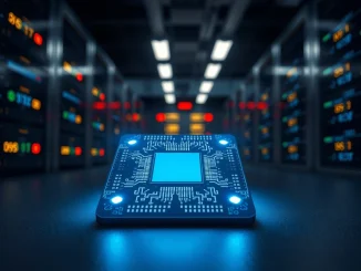 A futuristic semiconductor chip representing China's new 50x blockchain acceleration technology in a laboratory setting.