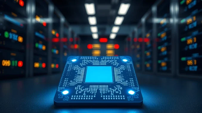 A futuristic semiconductor chip representing China's new 50x blockchain acceleration technology in a laboratory setting.