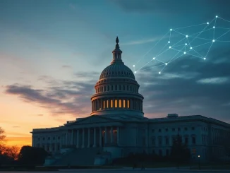 US Capitol building with digital overlay representing blockchain and the CLARITY Act debate.