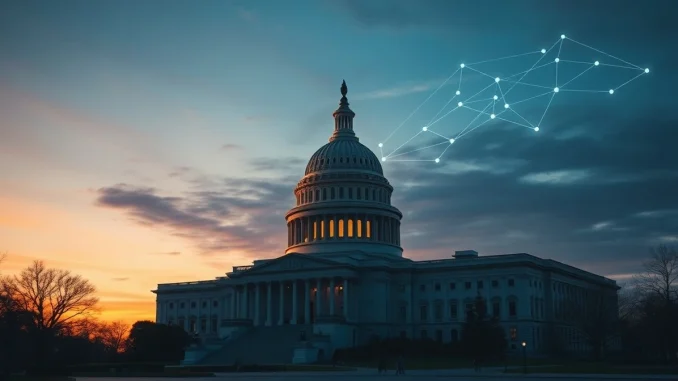 US Capitol building with digital overlay representing blockchain and the CLARITY Act debate.