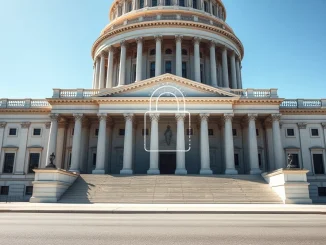 U.S. government building with digital lock overlay symbolizing crypto regulation and the stalled CLARITY Act.