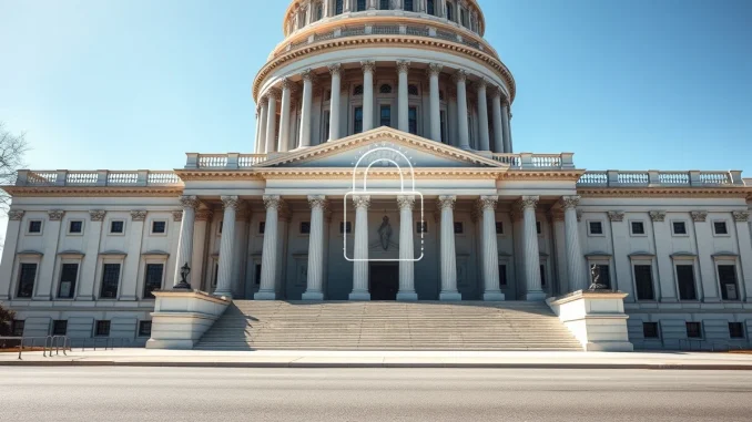 U.S. government building with digital lock overlay symbolizing crypto regulation and the stalled CLARITY Act.