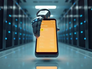 AI robotic hand interacting with cryptocurrency wallet interface showing stablecoin transactions at Coinbase