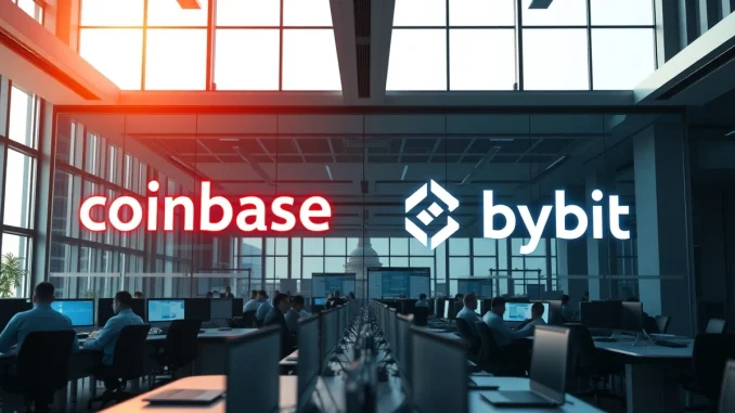 Conceptual image of a financial partnership between Coinbase and Bybit exchanges.