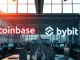 Conceptual image of a financial partnership between Coinbase and Bybit exchanges.