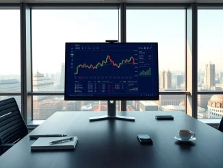 Coinbase perpetual futures launch in European financial district with cryptocurrency trading charts overlay