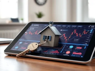 Coinbase token-backed down payments for Fannie Mae loans concept with house key and crypto tablet.
