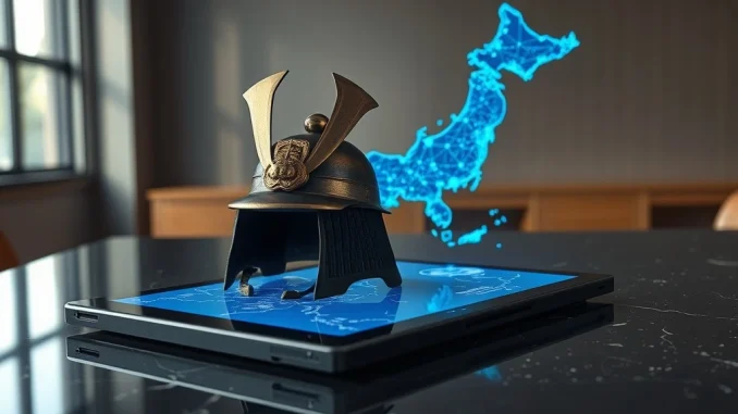 Collably Network and Samurai Warlords partnership symbolized by a samurai helmet and blockchain interface.