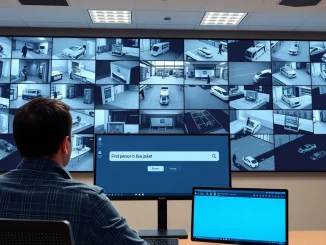 AI video surveillance platform interface monitoring multiple security camera feeds in an operations center.
