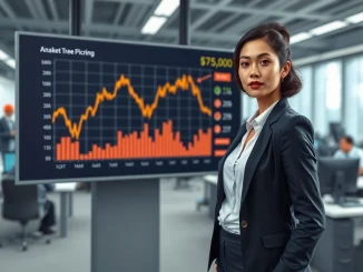 Financial analyst reviews Bitcoin price chart overlaid with CPI inflation data in a professional newsroom setting.