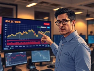 Financial analyst reviews Bitcoin price chart and CPI inflation data in a newsroom setting.