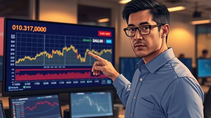 Financial analyst reviews Bitcoin price chart and CPI inflation data in a newsroom setting.